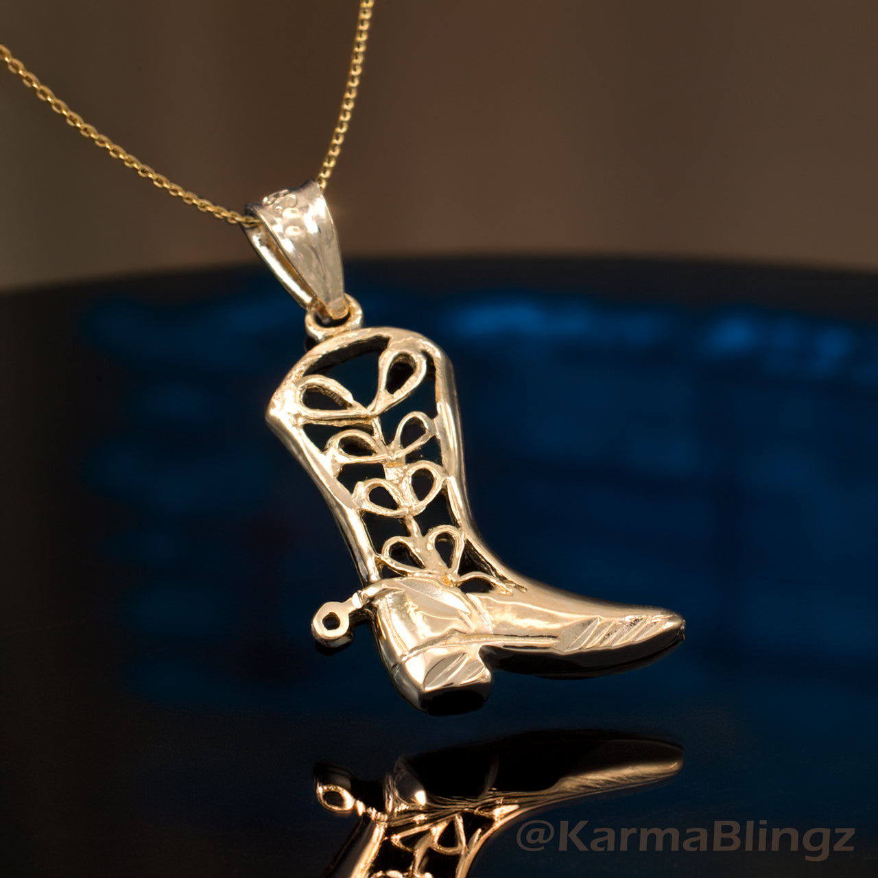 Gold Filigree Cowboy Boot Pendant Necklace (10K, 14K, yellow, white, rose gold)