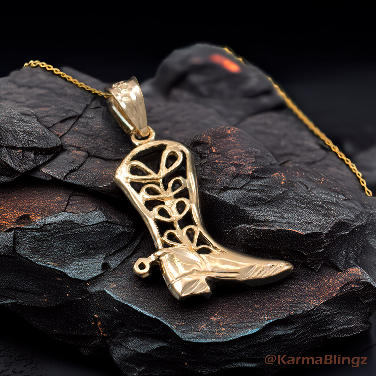 Gold Filigree Cowboy Boot Pendant Necklace (10K, 14K, yellow, white, rose gold)