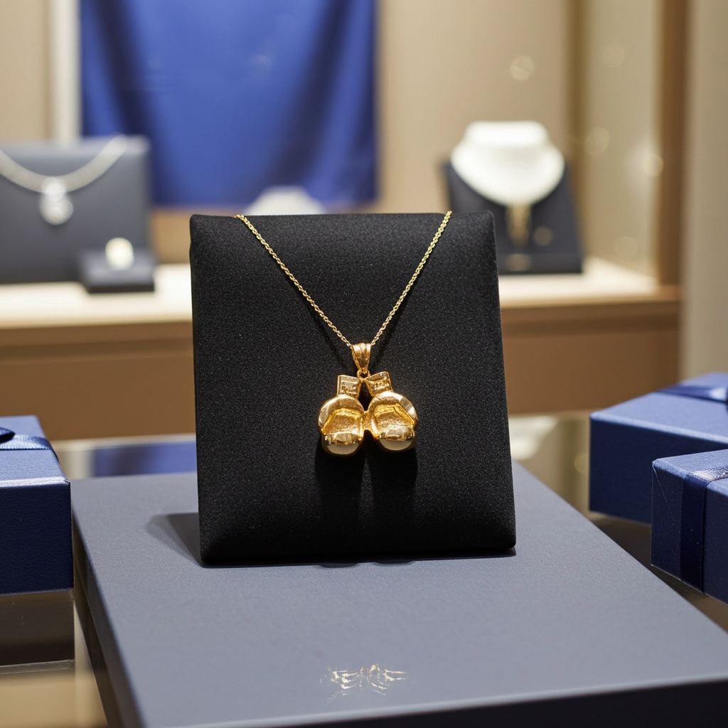A gold pendant necklace displayed on a black stand, featuring two small gold hearts connected by a bow, set against a softly blurred jewelry store background.