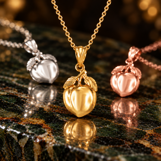 Gold Polished Peach Fruit Charm Pendant Necklace (Yellow, White, Rose Gold, 10K, 14K)
