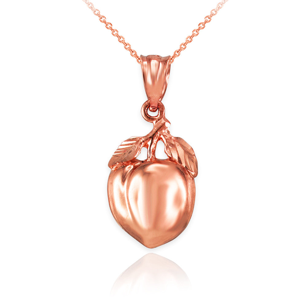 Gold Polished Peach Fruit Charm Pendant Necklace - Rose Gold