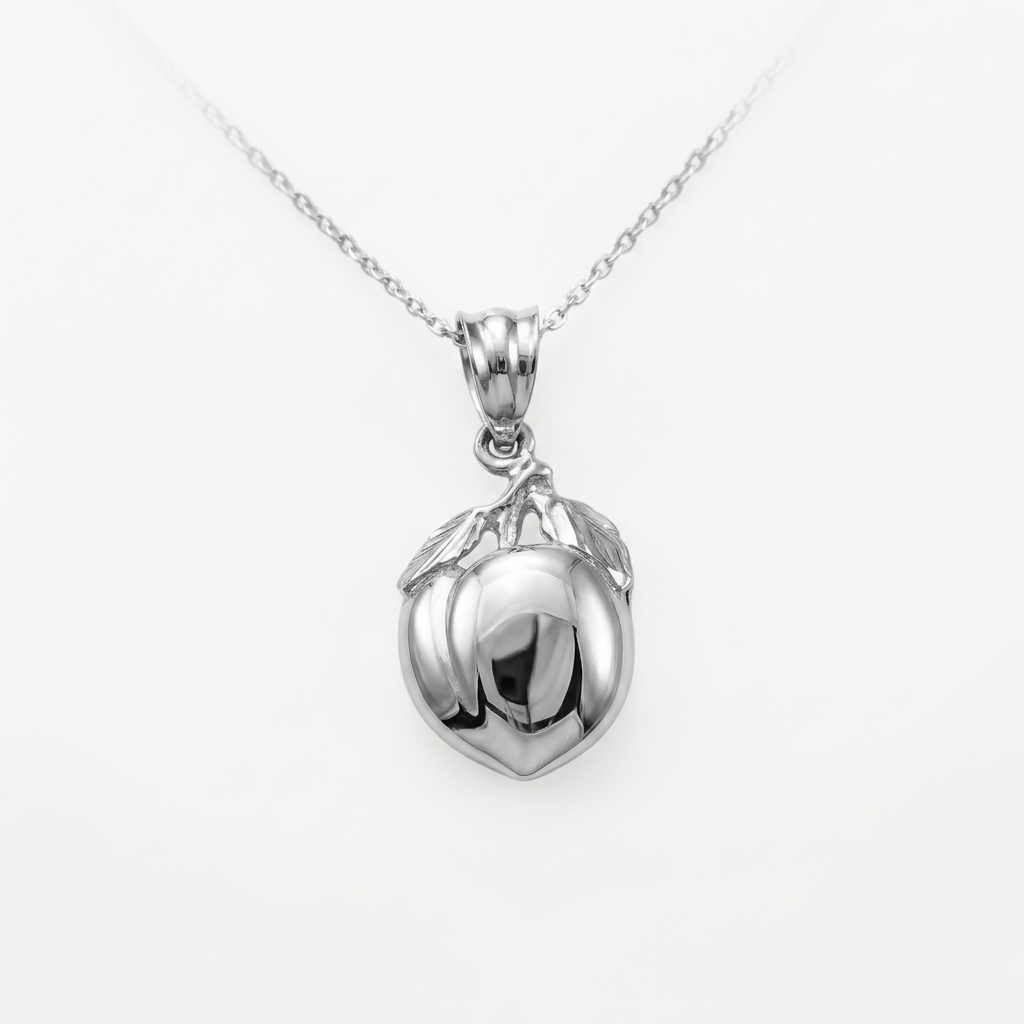 Gold Polished Peach Fruit Charm Pendant Necklace - White Gold