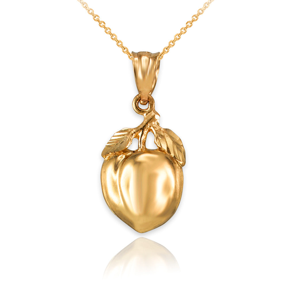 Gold Polished Peach Fruit Charm Pendant Necklace - Yellow Gold