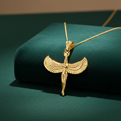 Egyptian Isis Standing Winged Goddess Gold Pendant Necklace