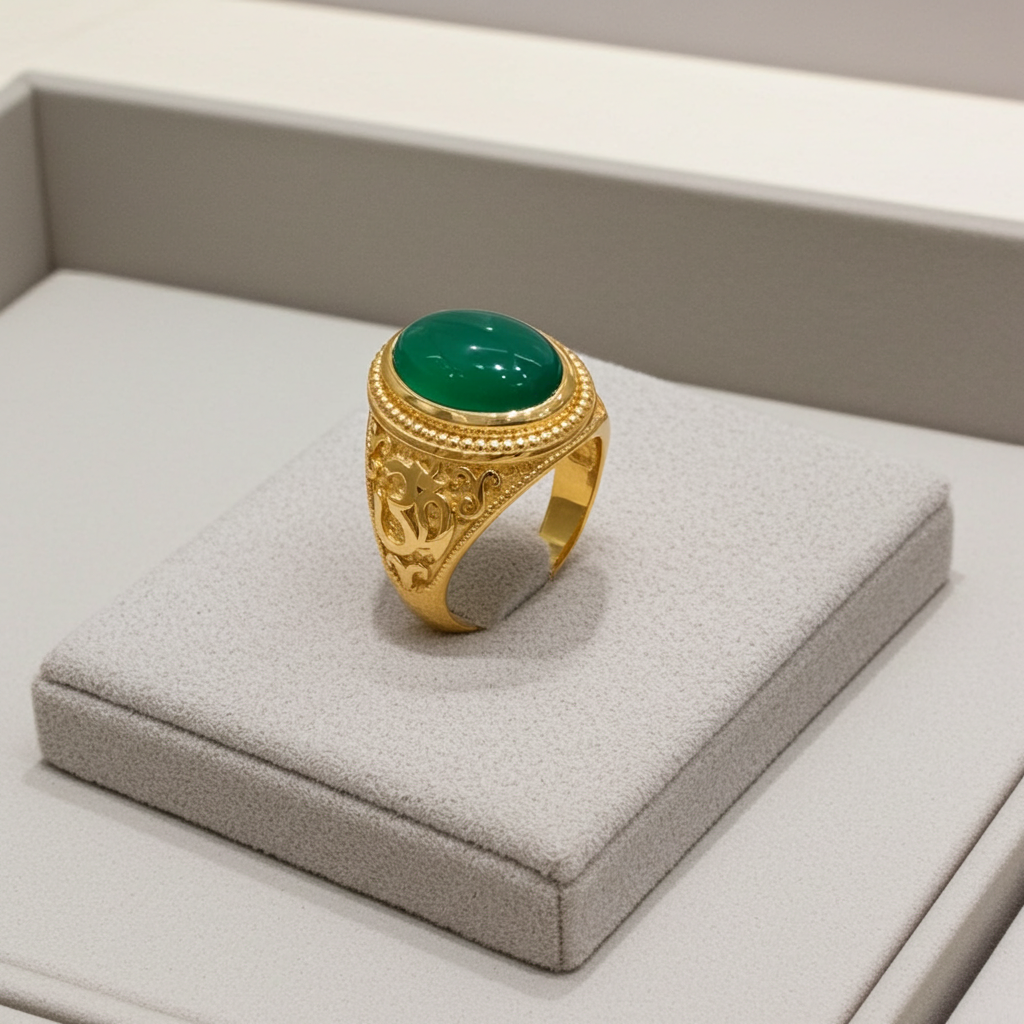 Gold Om Oval Cabochon Green Onyx Gemstone Mens Yoga Ring Karma Blingz