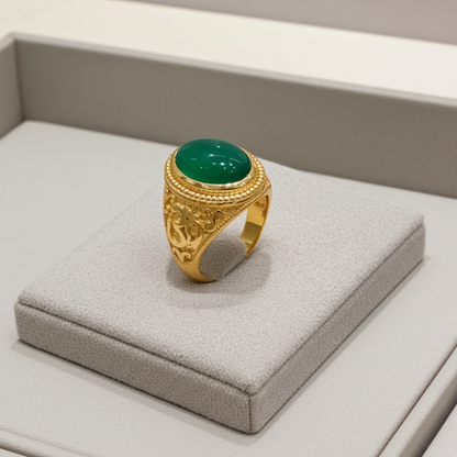 Gold Om Oval Cabochon Green Onyx Gemstone Mens Yoga Ring Karma Blingz