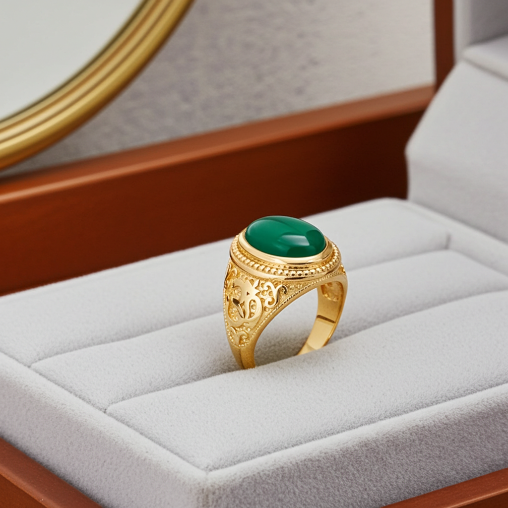 Gold Om Oval Cabochon Green Onyx Gemstone Mens Yoga Ring Karma Blingz