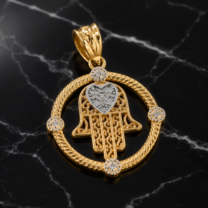 Gold Filigree Hamsa Diamond Pendant Necklace (10k, 14k, yellow, white, rose gold)
