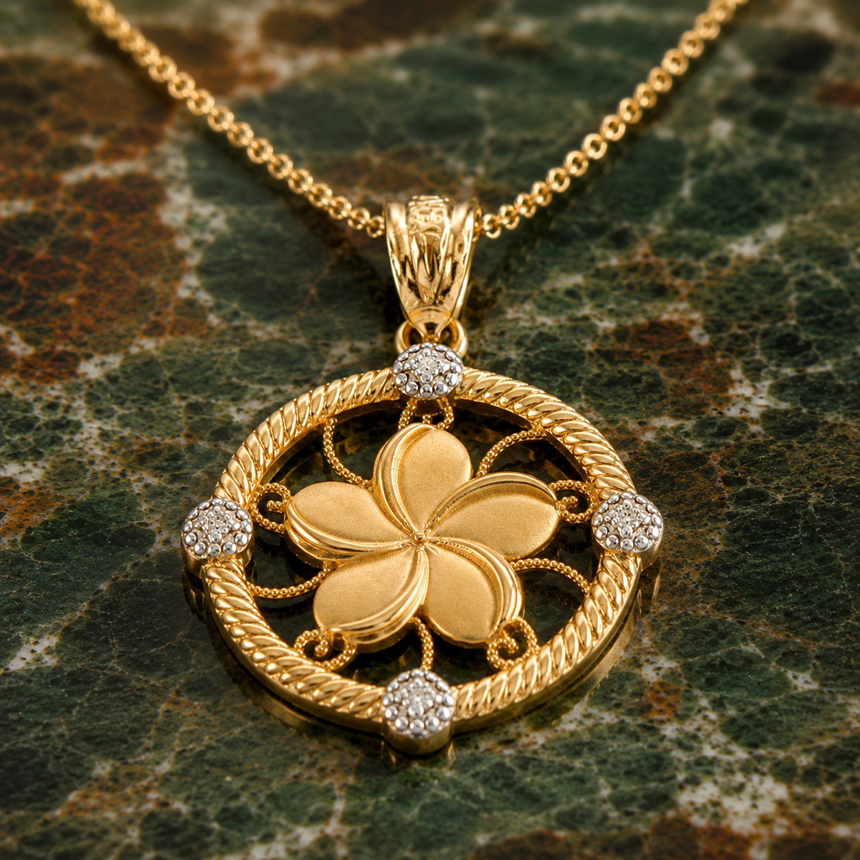 Gold Hawaiian Plumeria Flower Diamond Pendant Necklace (10k, 14k, yellow, white, rose gold)