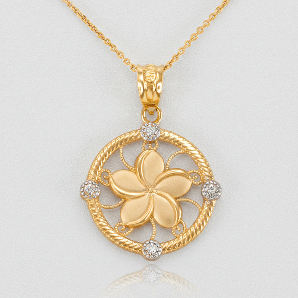 Gold Hawaiian Plumeria Flower Diamond Pendant Necklace