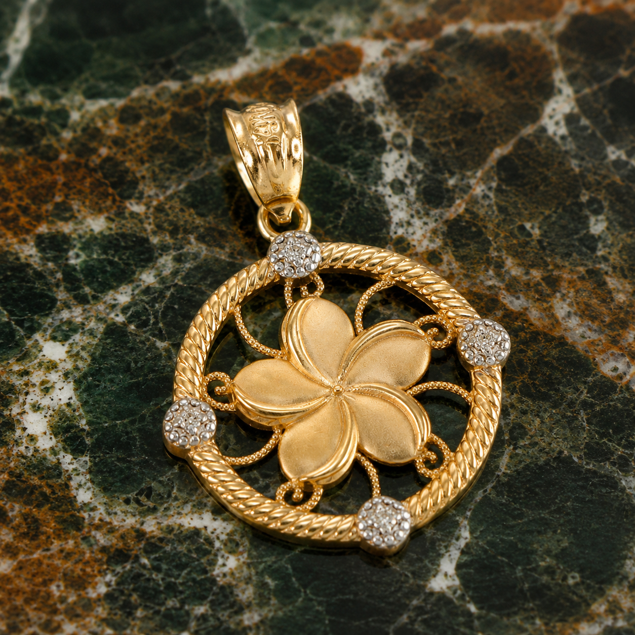 Gold Hawaiian Plumeria Flower Diamond Pendant Necklace (10k, 14k, yellow, white, rose gold)