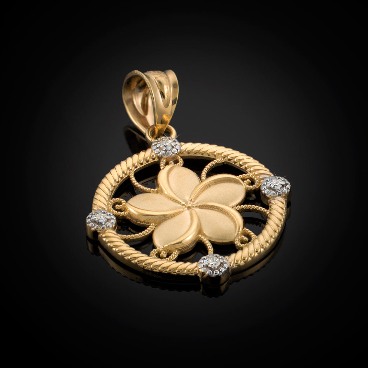 Gold Hawaiian Plumeria Flower Diamond Pendant Necklace (10k, 14k, yellow, white, rose gold)