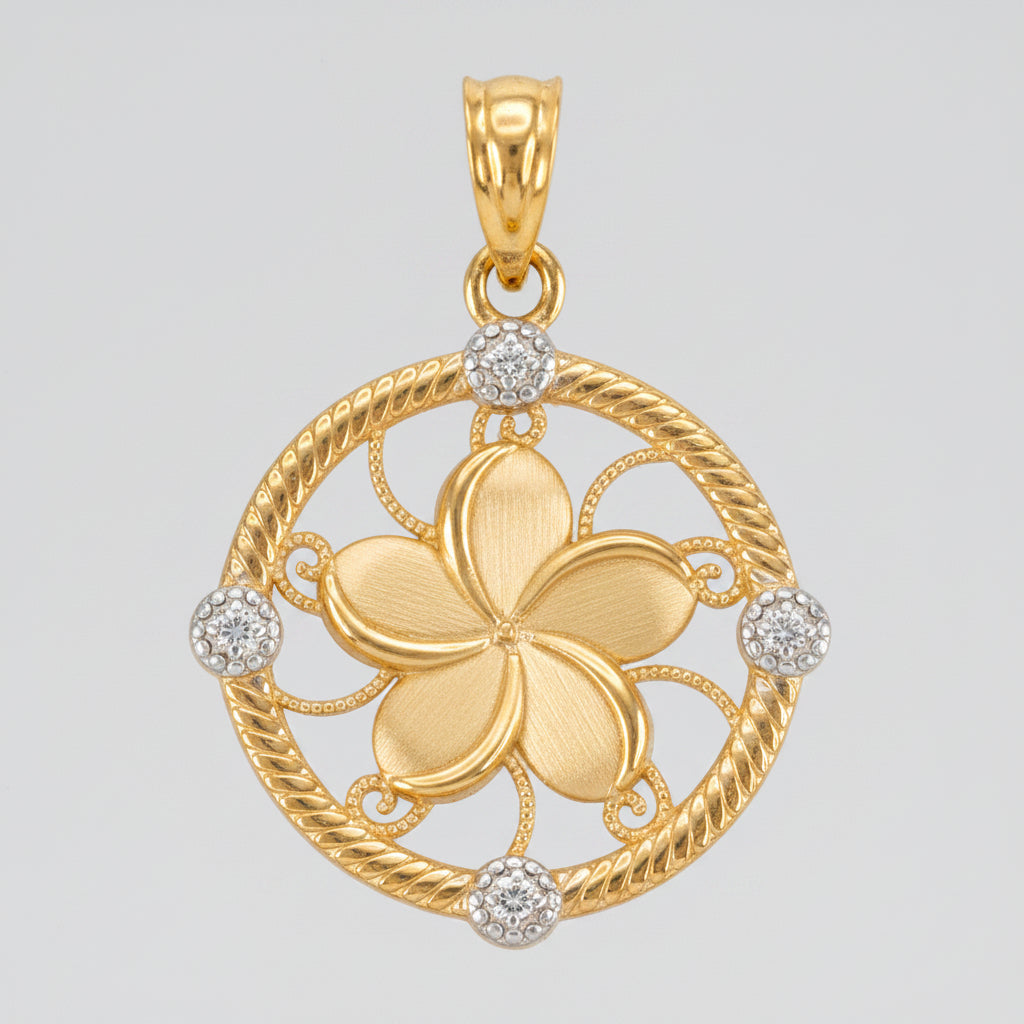 Gold Hawaiian Plumeria Flower Diamond Pendant
