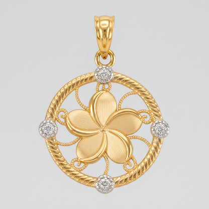 Gold Hawaiian Plumeria Flower Diamond Pendant