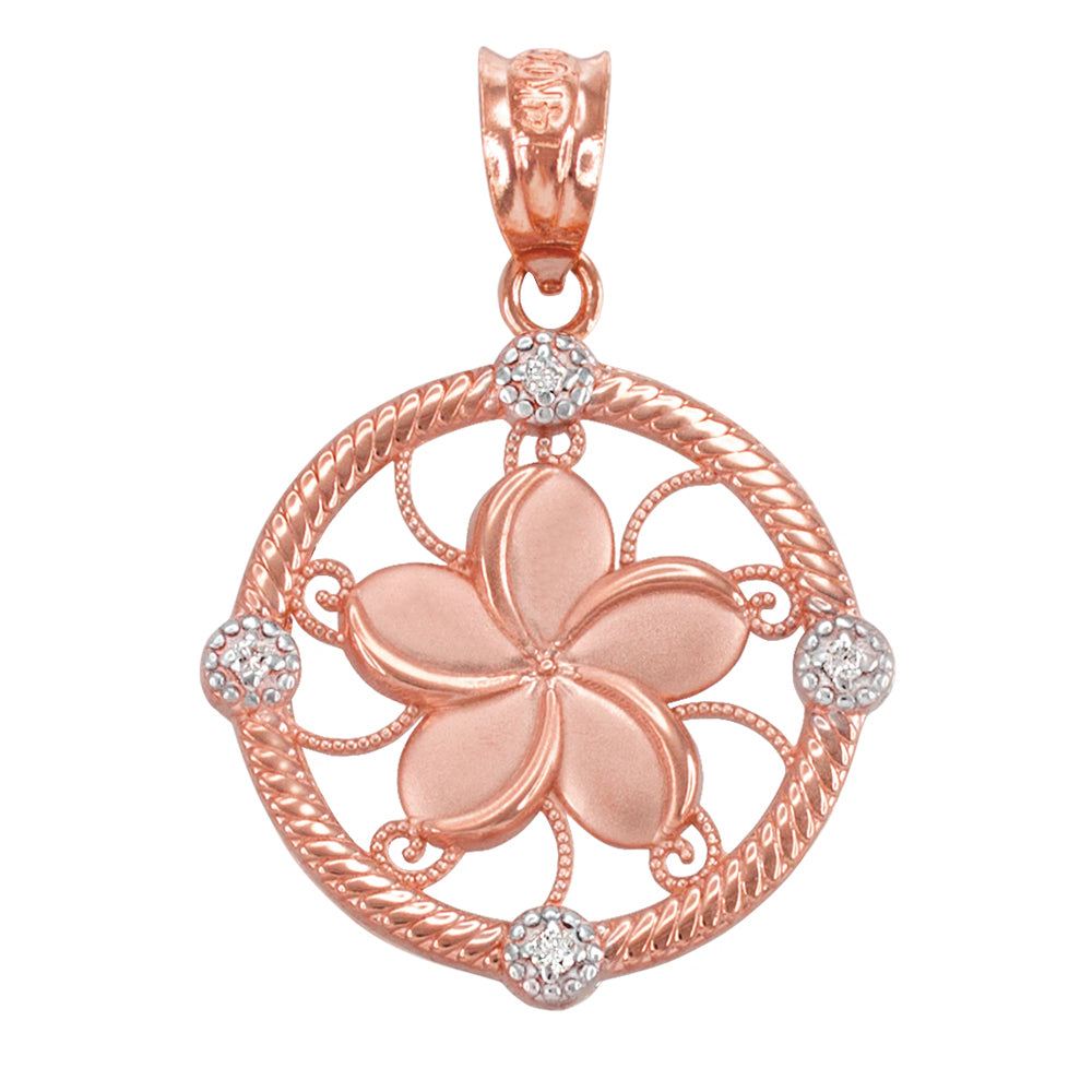 Gold Hawaiian Plumeria Flower Diamond Pendant Necklace (10k, 14k, yellow, white, rose gold)