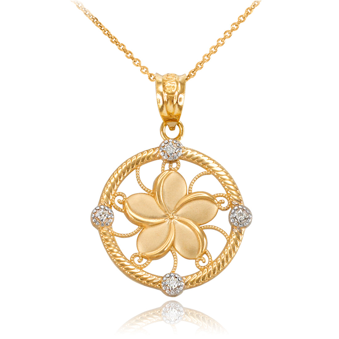 Gold Hawaiian Plumeria Flower Diamond Pendant Necklace (10k, 14k, yellow, white, rose gold)