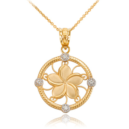 Gold Hawaiian Plumeria Flower Diamond Pendant Necklace (10k, 14k, yellow, white, rose gold)