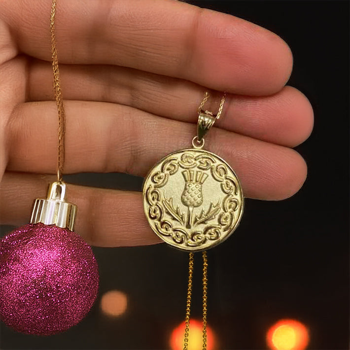 Gold Scottish Thistle Medallion Pendant Necklace (10k, 14k, yellow, white, rose gold)