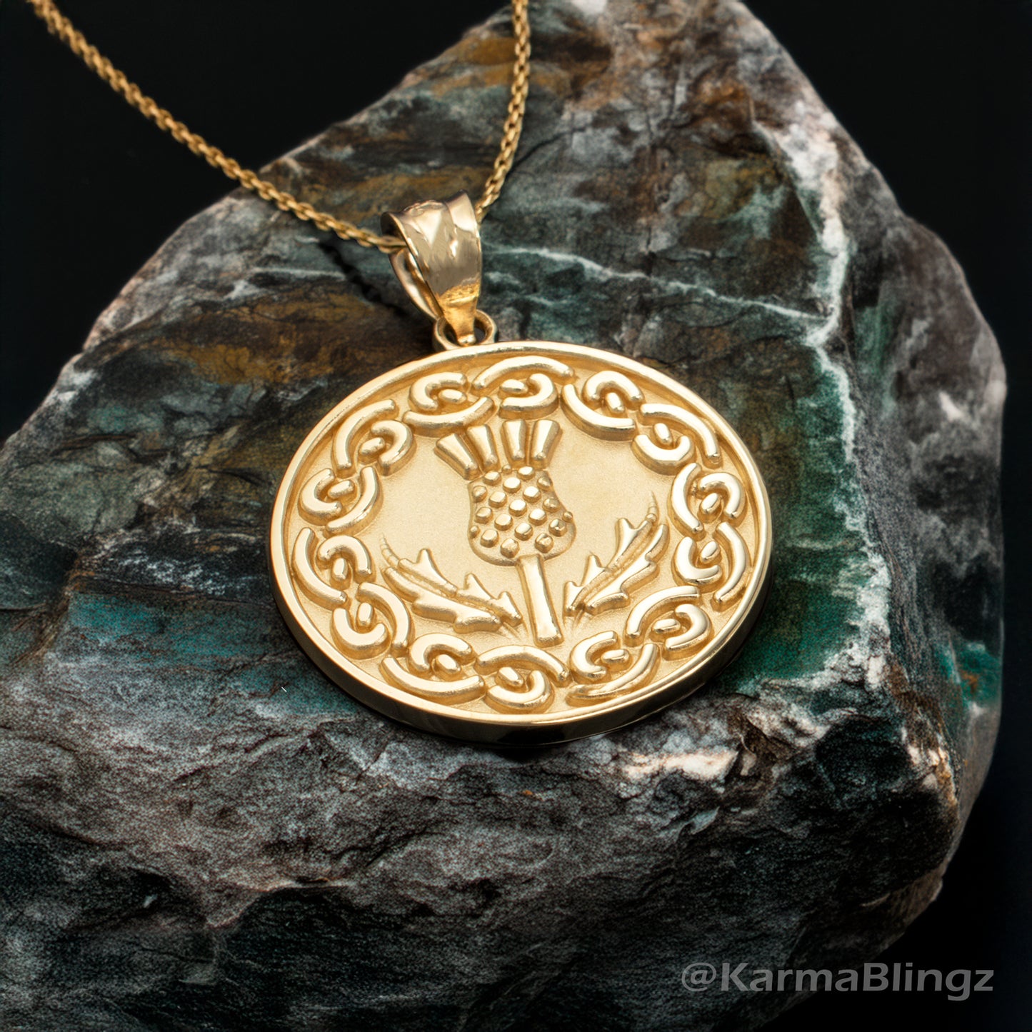 Gold Scottish Thistle Medallion Pendant Necklace (10k, 14k, yellow, white, rose gold)