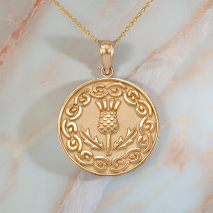 Gold Scottish Thistle Medallion Pendant Necklace (10k, 14k, yellow, white, rose gold)