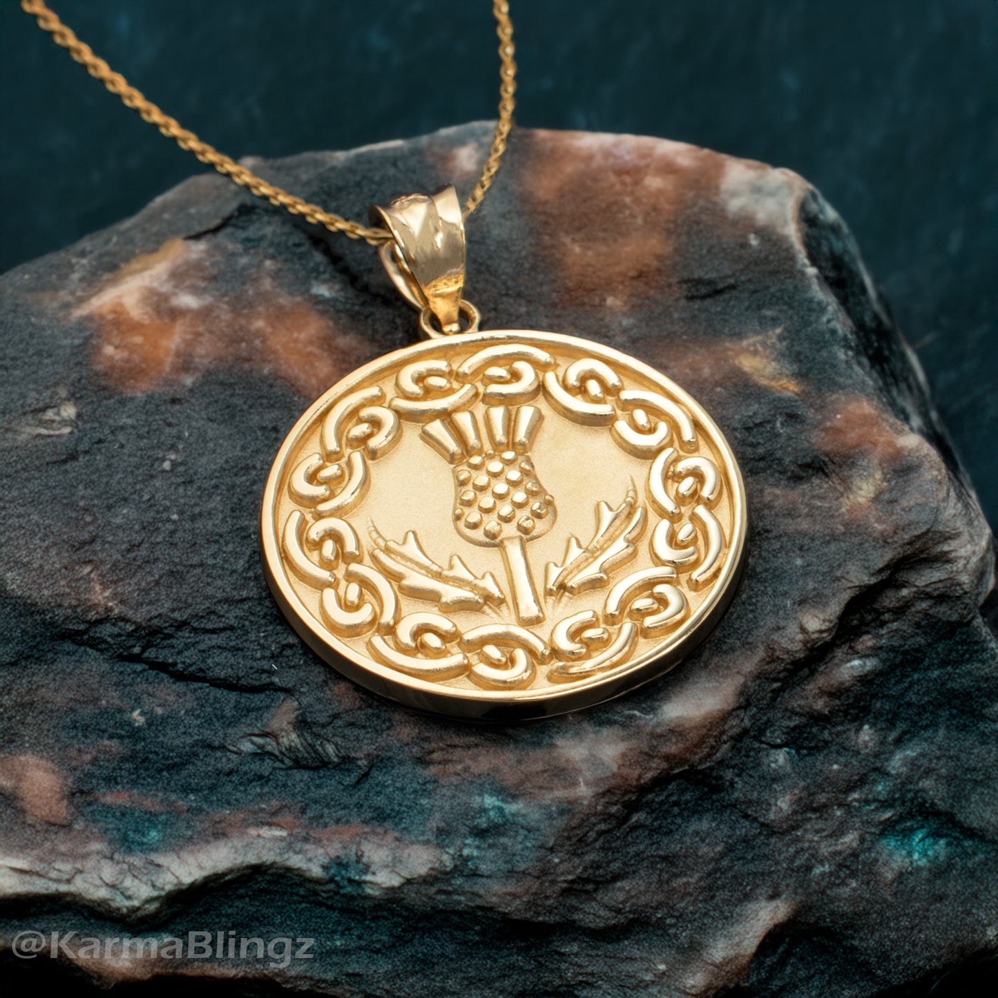 Gold Scottish Thistle Medallion Pendant Necklace (10k, 14k, yellow, white, rose gold)