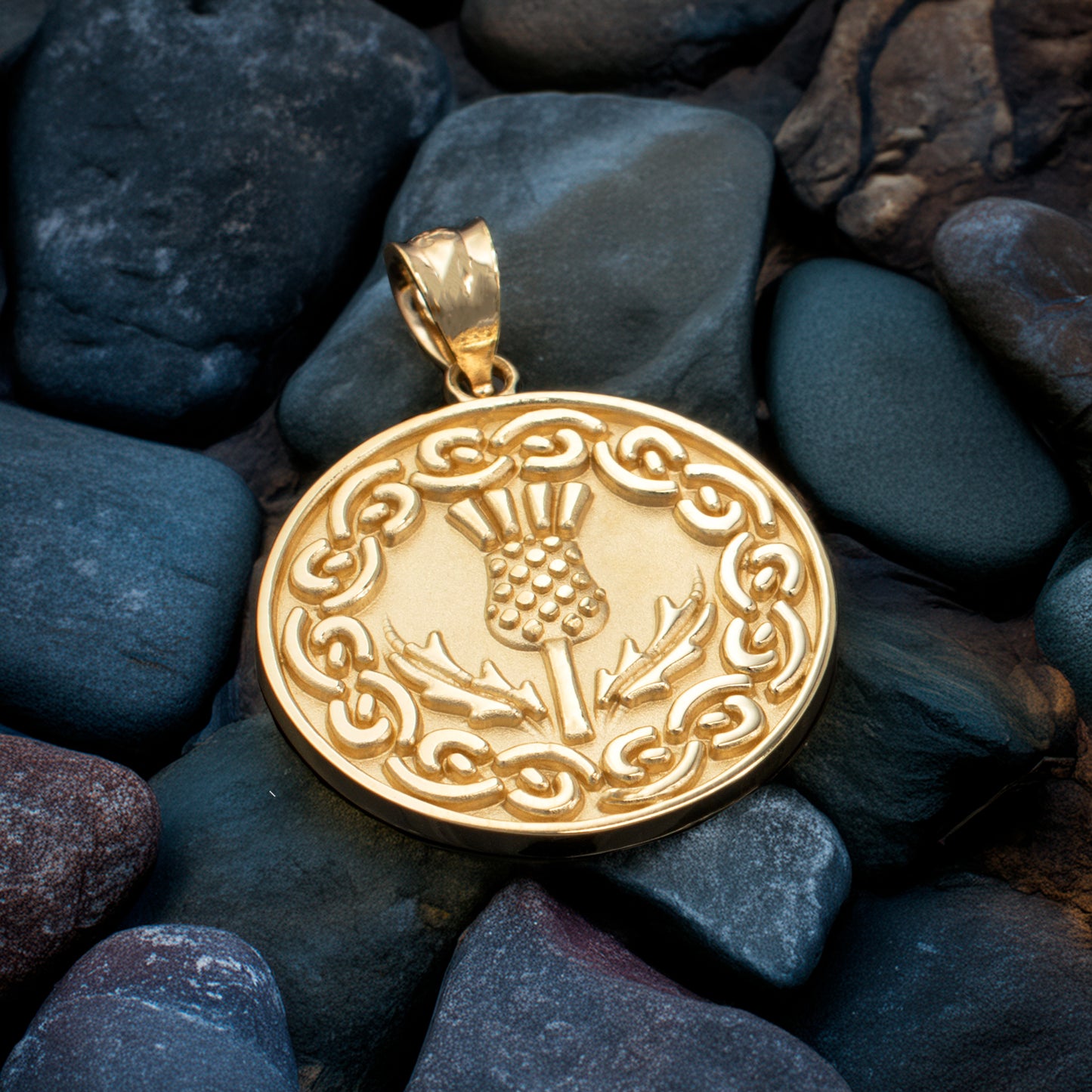 Gold Scottish Thistle Medallion Pendant Necklace (10k, 14k, yellow, white, rose gold)