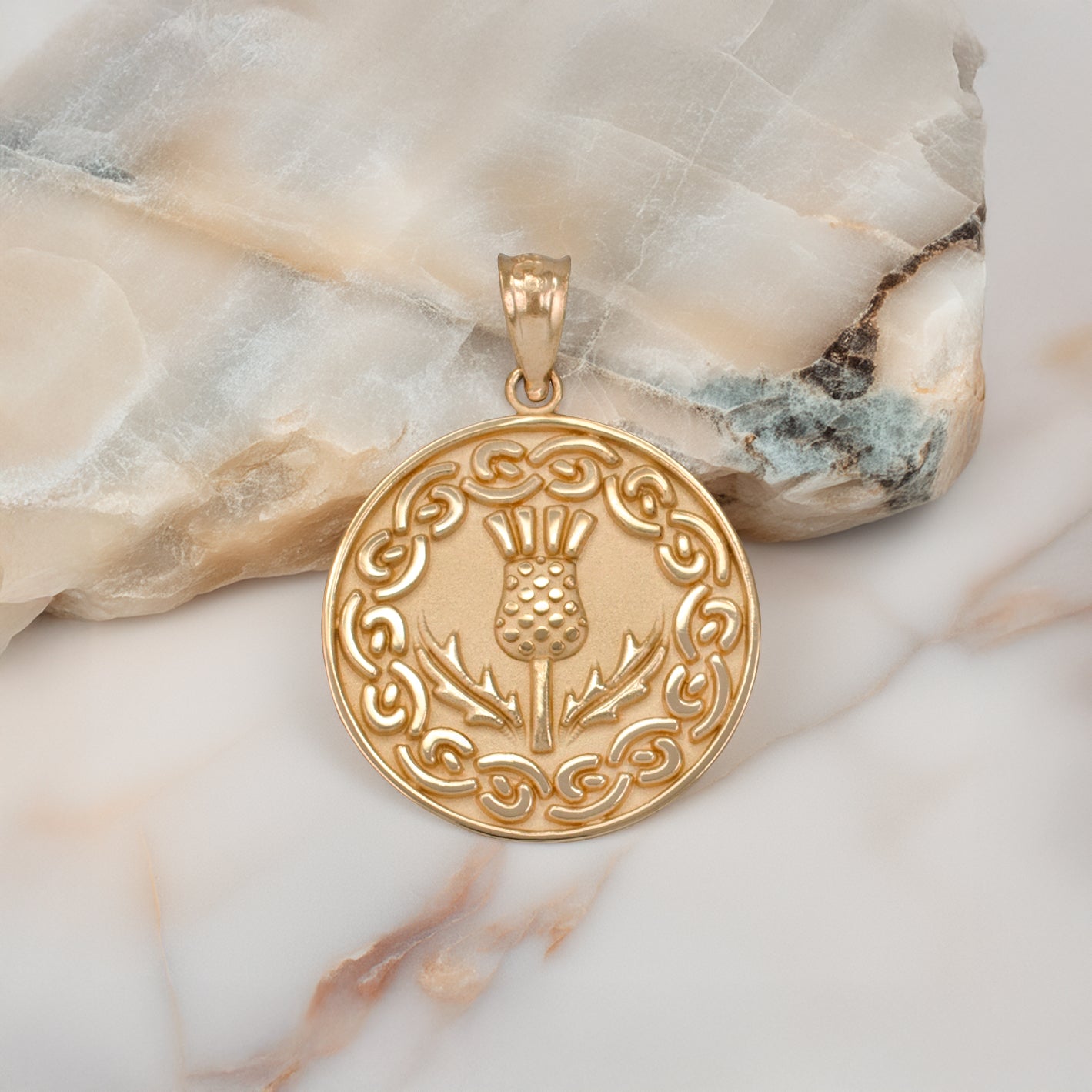 Gold Scottish Thistle Medallion Pendant Necklace (10k, 14k, yellow, white, rose gold)