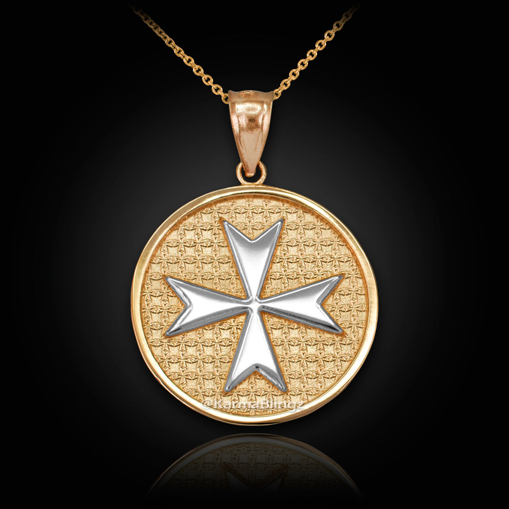 Solid Gold Knights Templar Maltese Cross Medal Pendant Necklace (yellow, white, rose gold)