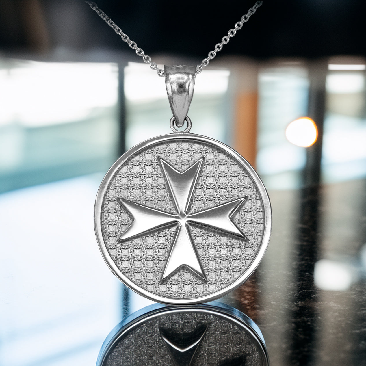 Solid Sterling Silver Maltese Cross Medal Pendant Necklace