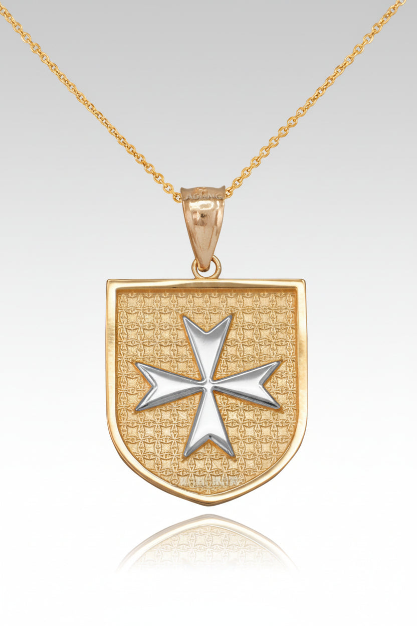Solid Gold Knights Templar Maltese Cross Shield Medal Pendant Necklace (10K, 14K, Yellow, White, Rose, 2-tone)