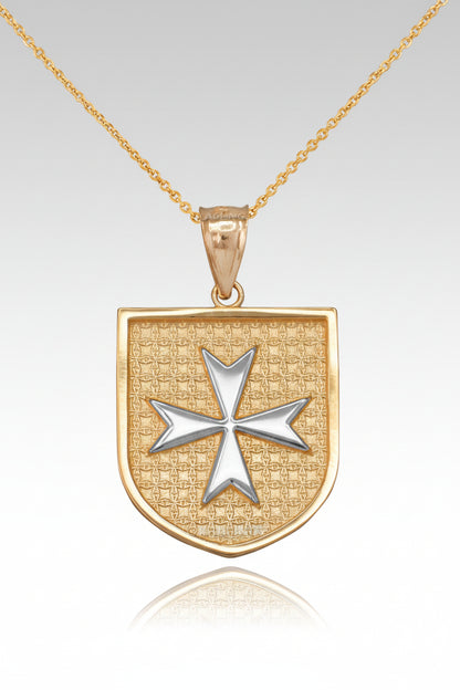Solid Gold Knights Templar Maltese Cross Shield Medal Pendant Necklace (10K, 14K, Yellow, White, Rose, 2-tone)