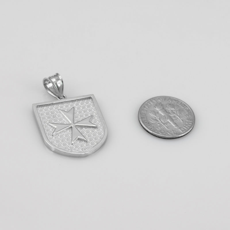 Solid Sterling Silver Maltese Cross Templar Knights Hospitaller Shield Pendant Necklace