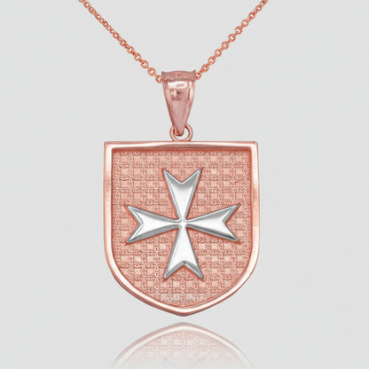 Solid Gold Knights Templar Maltese Cross Shield Medal Pendant Necklace (10K, 14K, Yellow, White, Rose, 2-tone)