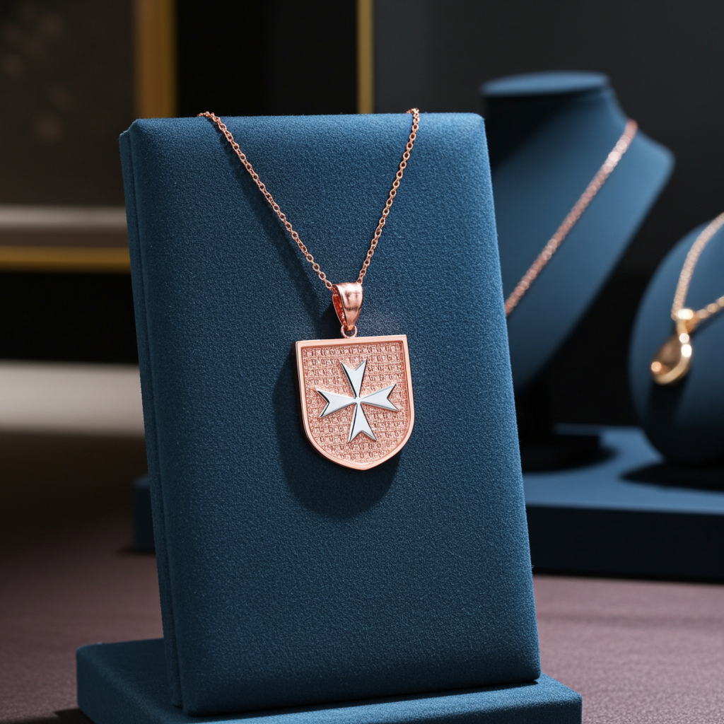 Rose gold necklace with a shield pendant on a blue stand