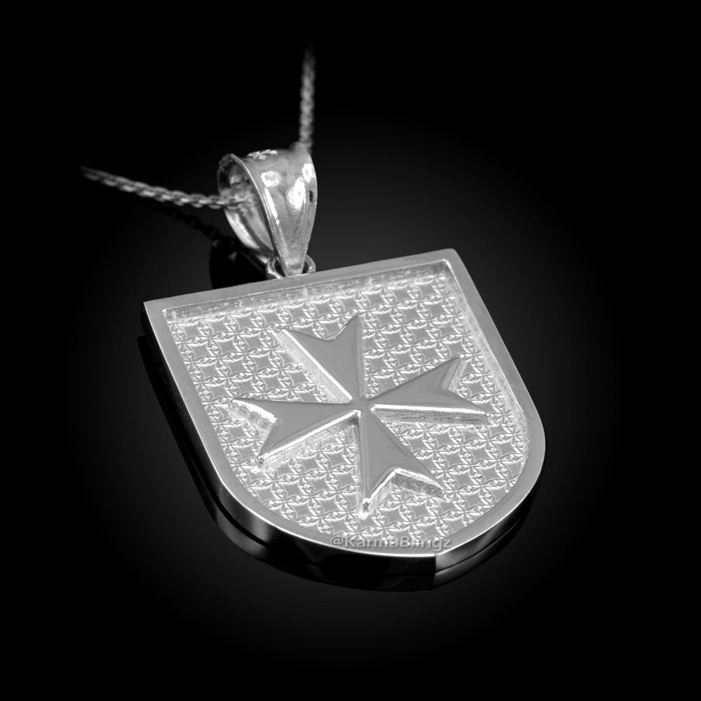Solid Gold Knights Templar Maltese Cross Shield Medal Pendant Necklace (10K, 14K, Yellow, White, Rose, 2-tone)