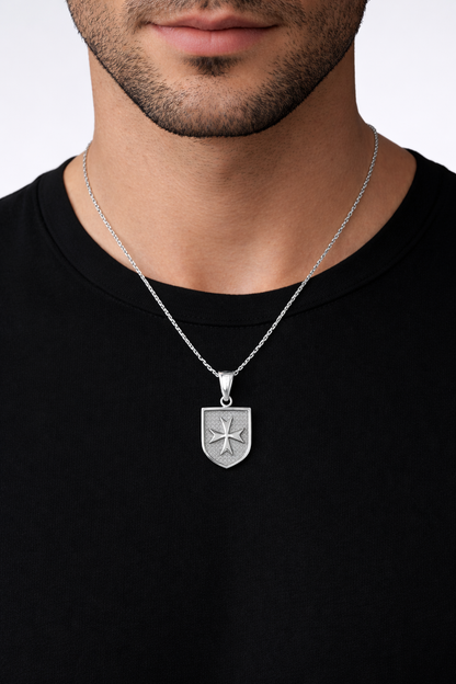 Solid Sterling Silver Maltese Cross Templar Knights Hospitaller Shield Pendant Necklace