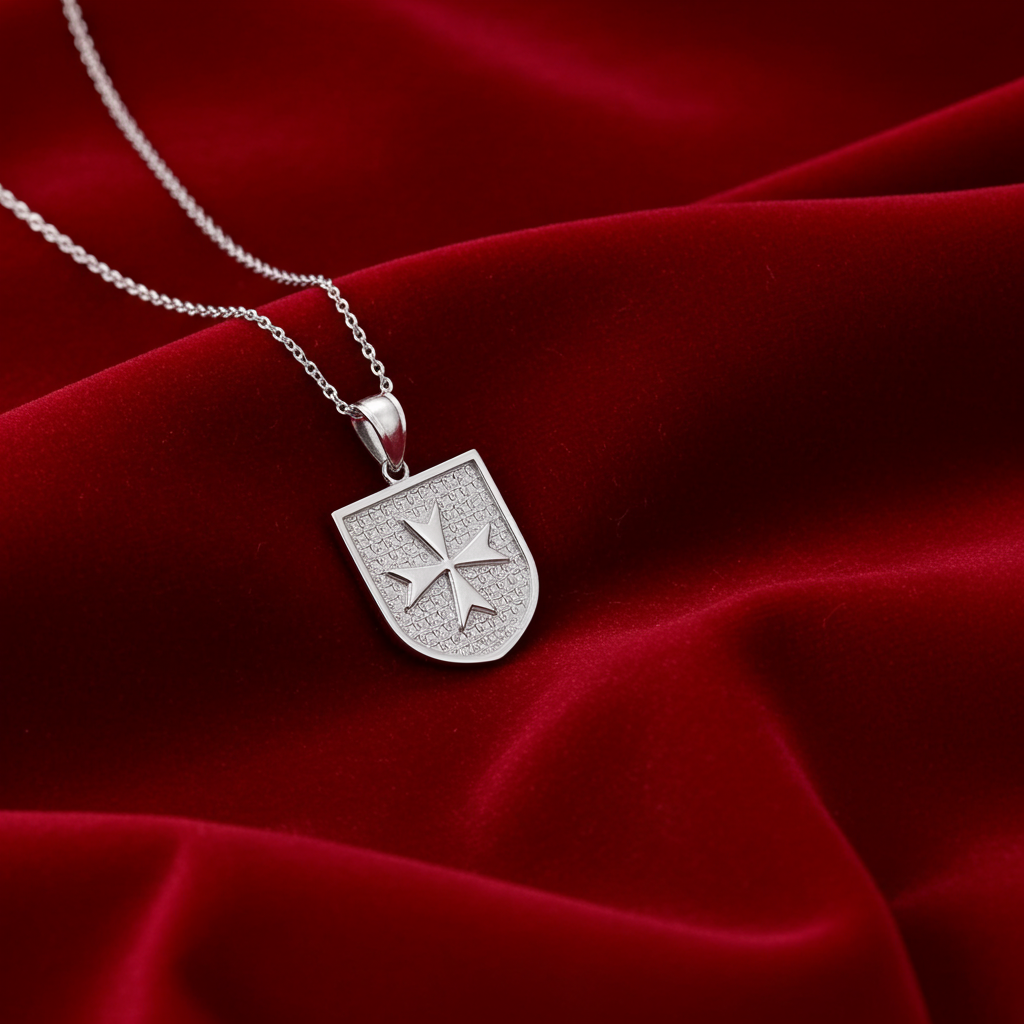Silver necklace with a Maltese cross pendant on a red fabric background