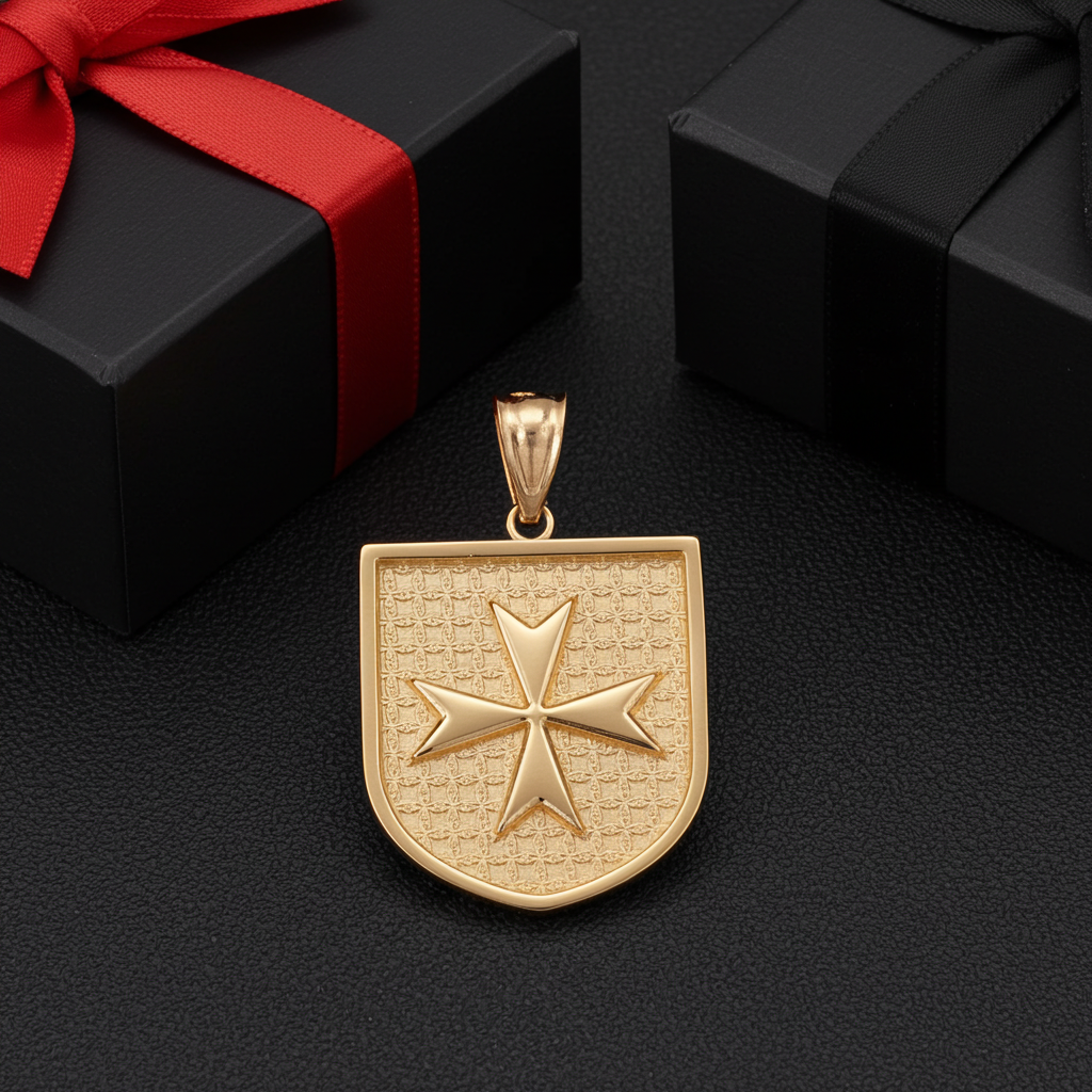 Gold pendant with star design on a black surface, with a black gift box with a red ribbon in the background.