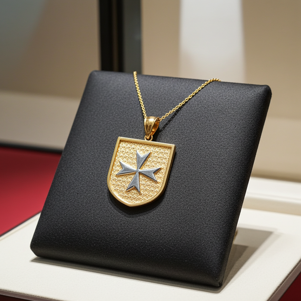 Gold and silver shield-shaped pendant on a black stand with a blurred background