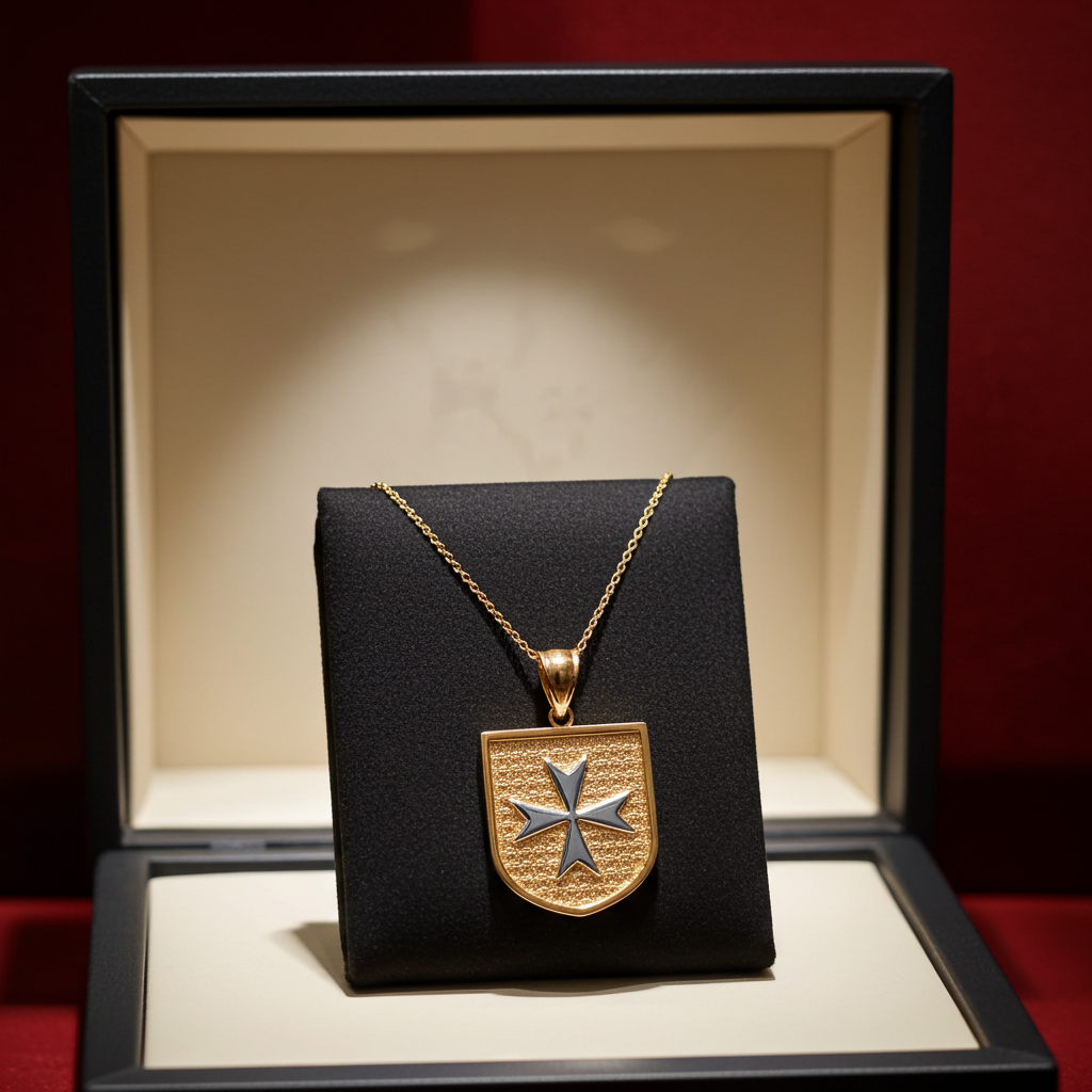 Gold necklace with a shield pendant on a black display box against a red background