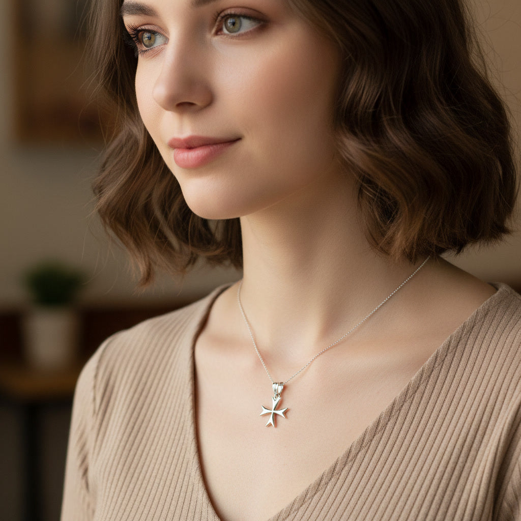 Sterling Silver Maltese Cross Womens Tiny Charm Necklace