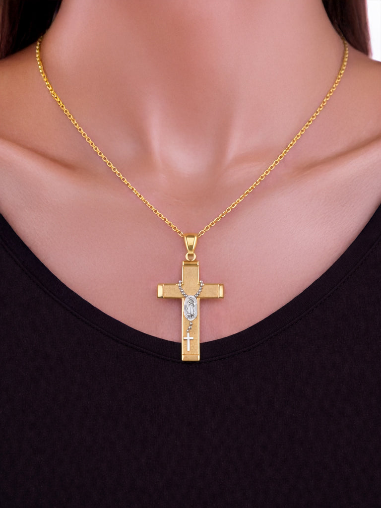 Gold Guadalupe Cross Lady Guadalupe Rosary Pendant Necklace (10k, 14k, yellow, white, rose gold, two-tone gold)