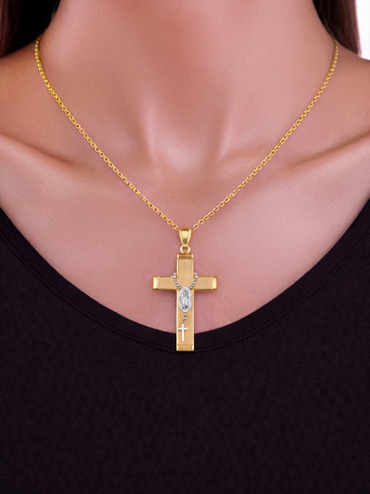 Gold Guadalupe Cross Lady Guadalupe Rosary Pendant Necklace (10k, 14k, yellow, white, rose gold, two-tone gold)