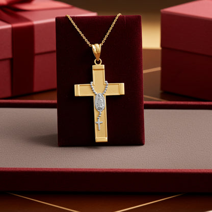 Gold Guadalupe Cross Lady Guadalupe Rosary Pendant Necklace (10k, 14k, yellow, white, rose gold, two-tone gold)