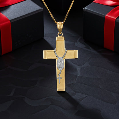 Gold Guadalupe Cross Lady Guadalupe Rosary Pendant Necklace (10k, 14k, yellow, white, rose gold, two-tone gold)