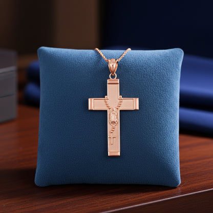 Gold Guadalupe Cross Lady Guadalupe Rosary Pendant Necklace (10k, 14k, yellow, white, rose gold, two-tone gold)