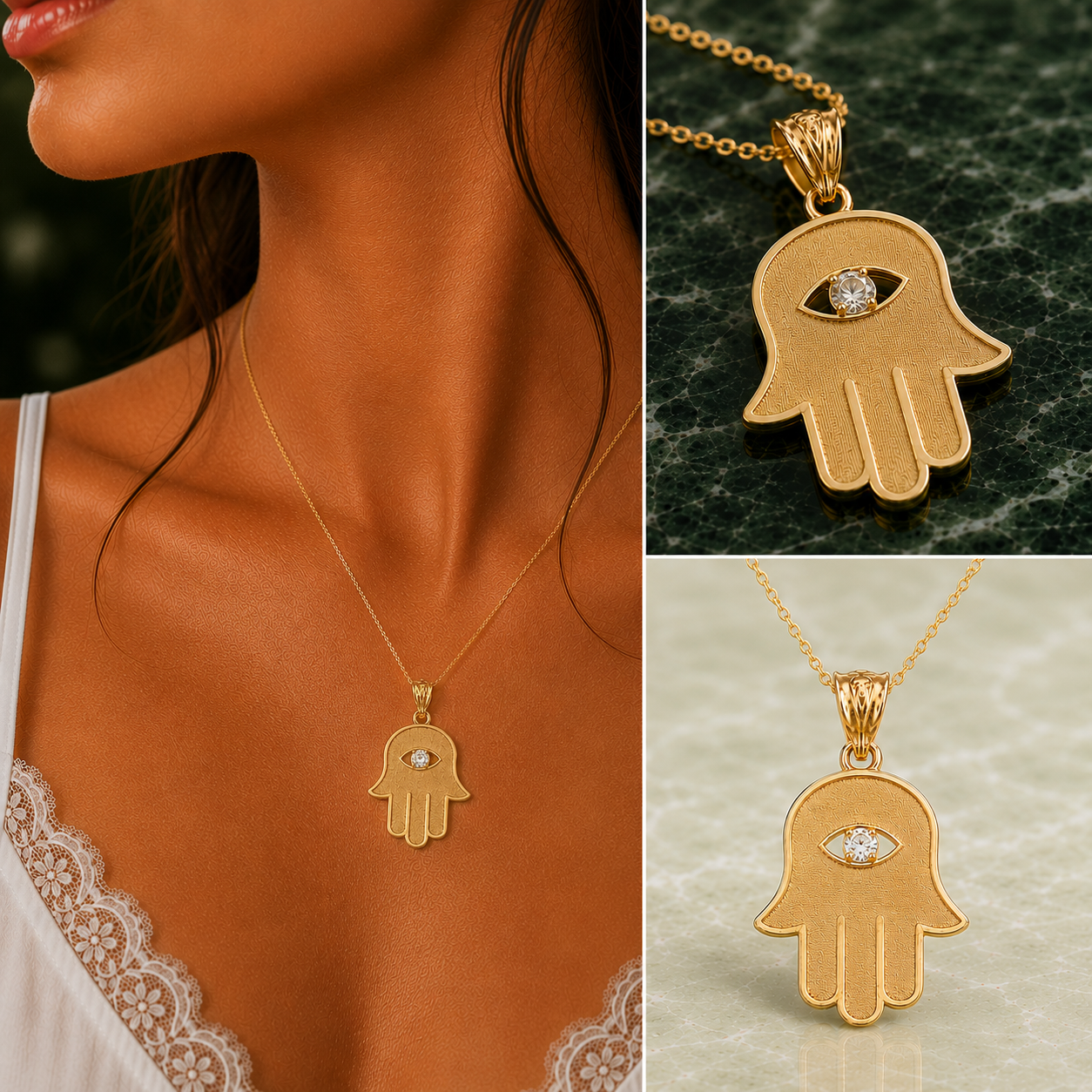 Gold Hamsa Clear White CZ Evil Eye Pendant Necklace (10k, 14k, yellow, white, rose gold)