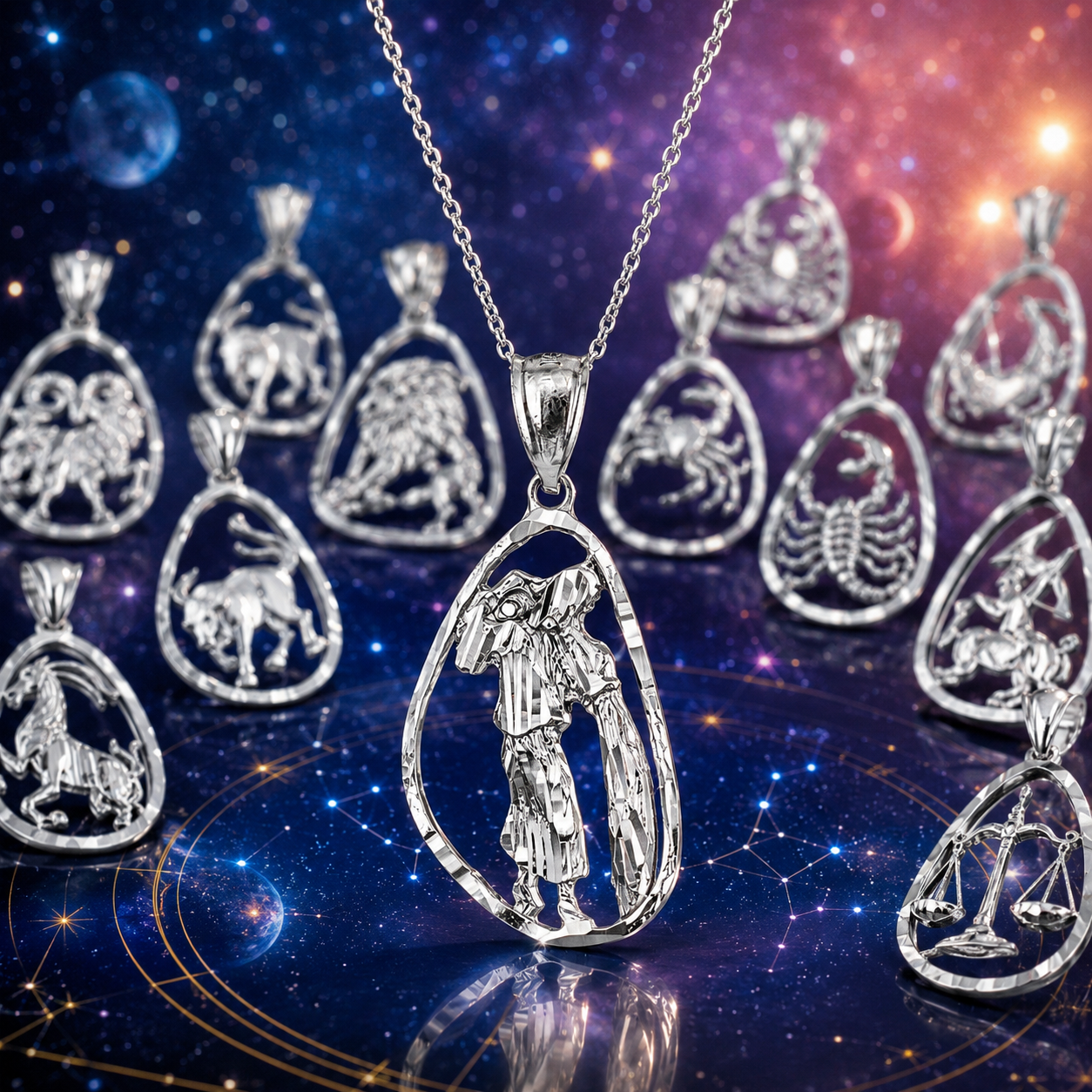 Sterling Silver Zodiac Sign DC Pendant Necklace Diamond-Cut Open Design 12 Astrology Signs
