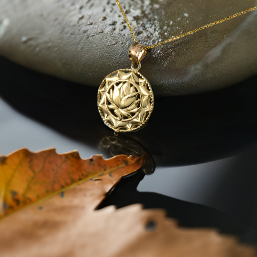 Gold Lotus Mandala Pendant Necklace (10k/14k/yellow/white/rose)