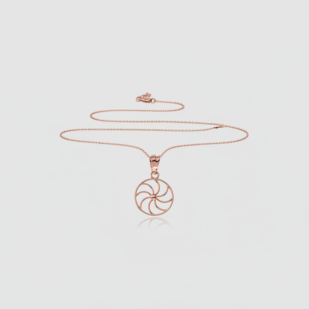 Rose gold circular pendant necklace on a white background